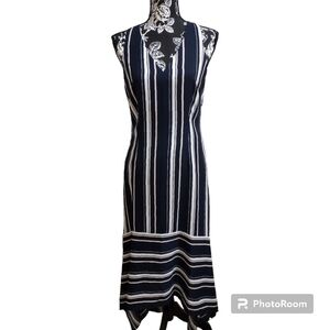 Vince Camuto dress Handkerchief Hem Stripe Crepe Dress In Navy/ Multi.